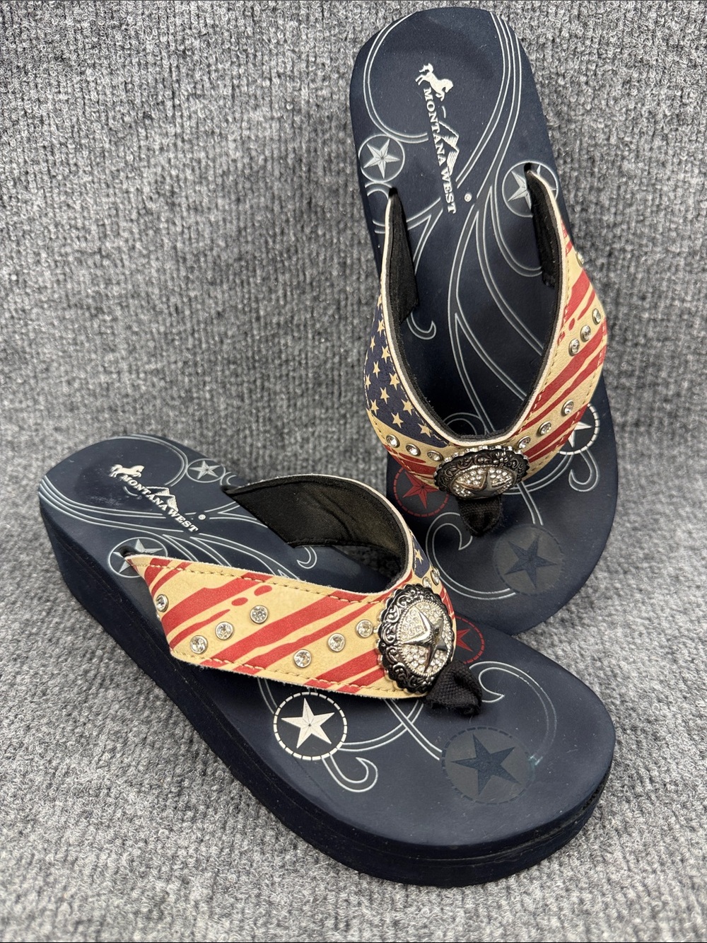 Montana West Navy, Red, Cream Patriotic Wedge Flip Flops